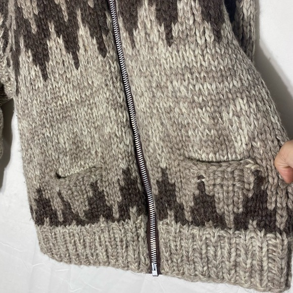 Vintage Handmade Brown Chevron Pattern Cowichan Sweater Zip Front Cardigan S - Picture 8 of 16